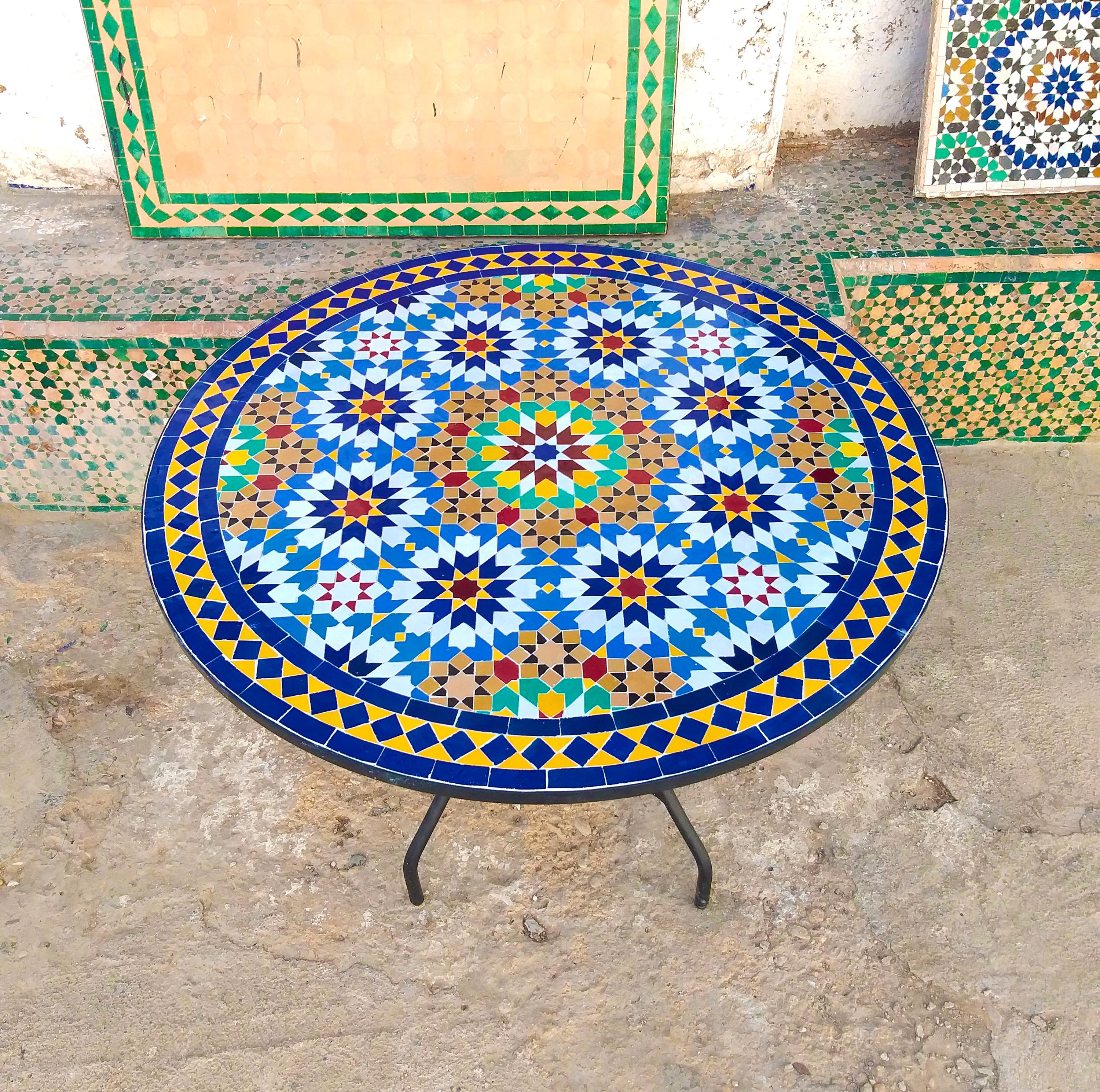 Moroccan Handmade Table , outdoor table, round table, zellige table, handcrafted table, mosaic tile table.
