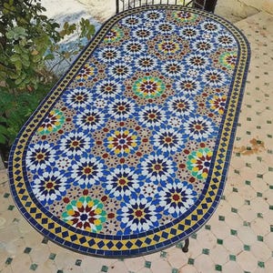 Moroccan Oval Zellige Mosaic Table, Outdoor Patio Table with Iron Base