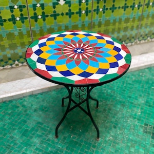 Round Mosaic table , Outdoor table,Moroccan Handmade Table , zellige table, handcrafted table, mosaic tile table.