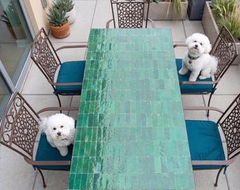 Pode incluir: Um conjunto de jantar ao ar livre com uma mesa retangular verde com azulejos e quatro cadeiras de ferro forjado com almofadas verde-azuis. Dois cães brancos pequenos estão sentados nas cadeiras. Plantas em vasos ao fundo.