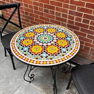Round  Mosaic Table ,Moroccan Handmade Table , outdoor table, Zellige table, handcrafted table, mosaic tile table.
