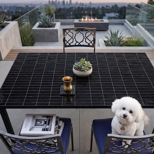 Puede incluir: Una mesa de comedor exterior negra con azulejos y marco de metal, con un pequeño arreglo de suculentas, una copa dorada y una pila de revistas. Un perro blanco está sentado en una silla azul. La mesa está rodeada de sillas con respaldos decorativos.