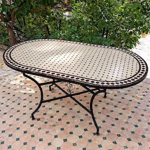 Moroccan Oval Zellige Mosaic Table, Outdoor Patio Table with Iron Base