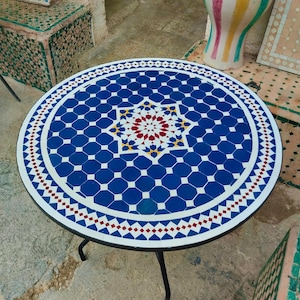 Blue Moroccan Handmade Table , outdoor table, round table, zellige table, handcrafted table, mosaic tile table.