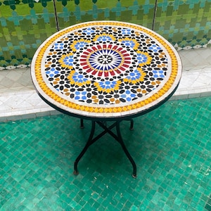Round Mosaic table , Outdoor table,Moroccan Handmade Table , zellige table, handcrafted table, mosaic tile table.