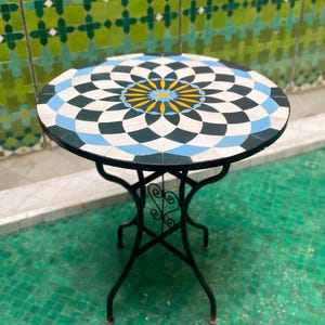 Round Mosaic table , Outdoor table,Moroccan Handmade Table , zellige table, handcrafted table, mosaic tile table.