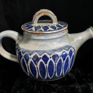 Salt Glazed Earthenware Teapot: Blue Geometric Ceramic Pottery