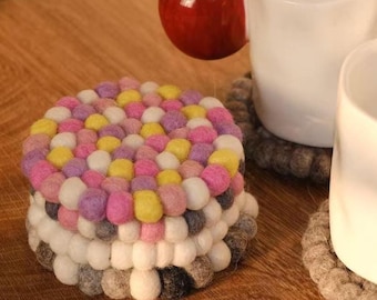 Wool Felt Coasters | Handmade | Round Felt Ball Coasters | Super Absorbent Drink Coasters | Housewarming Gift | Table Decor | Set of 2