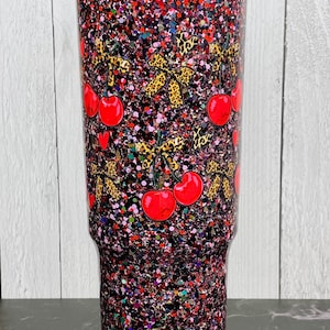Snow Globe Glitter Tumbler- 40oz Acrylic with Handle- "Cherries and Leopard Bows”- Slow Flow