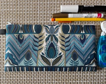 Peacock Design Zipper Pouch, Blue and Cream Canvas, 9x4 inch