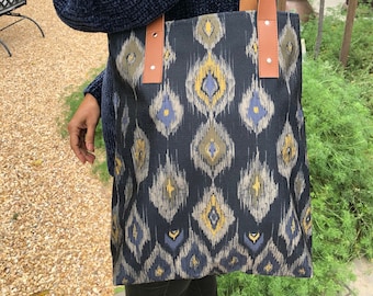 Ikat Print Tote Bag, Vegan Leather Straps, Laptop Book Bag