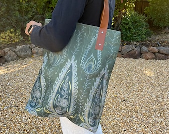 Paisley Print Tote Bag, Vegan Leather Straps, Laptop Book Bag