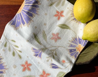Cotton Flour Sack Tea Towel, Purple Floral Kitchen Decor