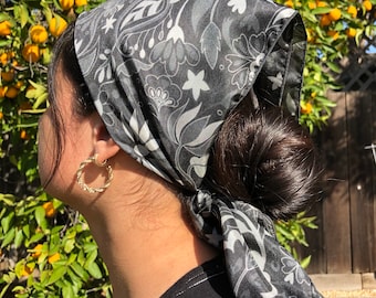 Black and White Floral Habotai Silk Scarf, Neck or Head Scarf