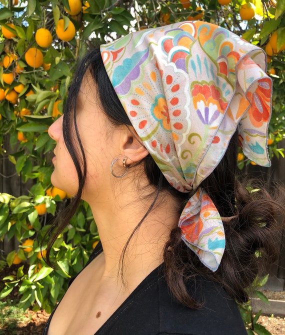 Paisley Habotai Silk Scarf, Floral Cream Design, 36x36