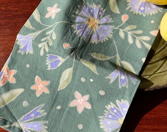 Floral Cotton Tea Towel, Green Kitchen Decor