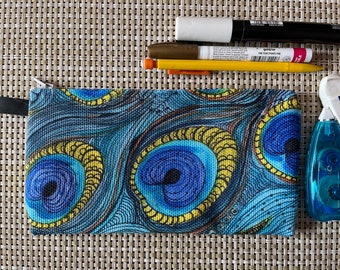 ZIPPER POUCH, MAKEUP case, pencil pouch, blue pencil case, makeup bag, purse organizer, under 15, gift for her, student gift, peacock design