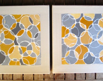 ABSTRACT ART Original CIRCLES painting-10"x10" ochre grey white textured art by devikasart