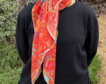 Modal Silk Scarf, Orangey Red Paisley Floral Design, 36x36 Inches