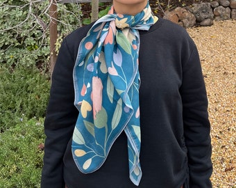 Modal Silk Scarf, Blue Floral Paisley Design, 36x36