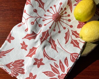 Red Floral Cotton Tea Towel, Christmas Kitchen Decor