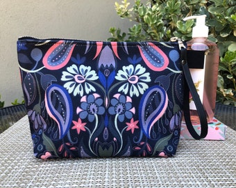 Floral Cosmetic Case, Navy Blue Peach Mint Green Pouch