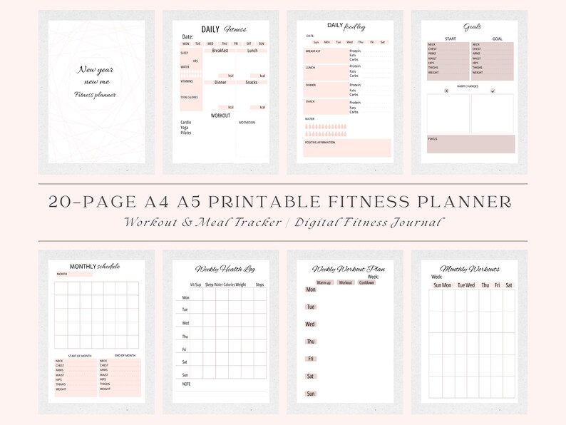 20-page A4 A5 Printable Fitness Planner PDF | Workout & Meal Tracker ...