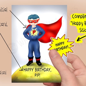 Personalized Superhero Birthday Card for Boy: Custom Initial & Name, Sticker Included