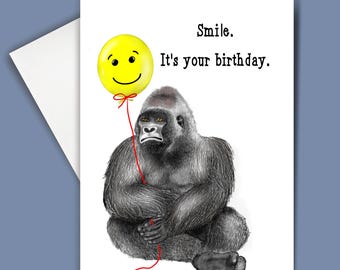 Funny Gorilla Birthday Card with Free Sticker - 5x7