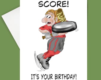 Hockey Fan Birthday Card: SCORE!  5x7 with Optional Sticker