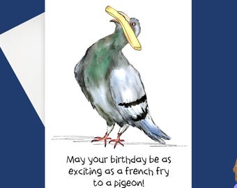 Pigeon with a French Fry Birthday Card - 5x7 with Optional Sticker