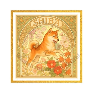 Shiba Inu Art Nouveau Print – Japanese Dog Wall Art, Floral Vintage Style Digital Download, Retro Home Decor Illustration