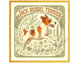 Impresión Art Nouveau de Jack Russell Terrier: Arte digital de perro enérgico, decoración floral vintage para pared, retrato imprimible de terrier.