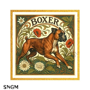 Boxer Dog Art Nouveau Print – Athletic Digital Dog Artwork, Bold Floral Vintage Wall Decor, Printable Energetic Pet Portrait