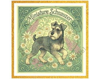 Miniature Schnauzer Art Nouveau Print – Digital Dog Art, Floral Vintage Wall Decor, Printable Terrier-Inspired Pet Portrait