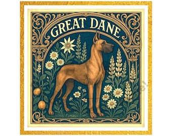 Deutsche Dogge Art Nouveau Print – Regal Riesen Hund Digitale Zeichnung, Vintage Blumenwanddekor, druckbares elegantes Haustierporträt