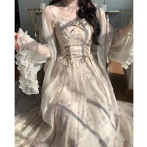 Vintage Spitze Floral Slip Dress mit Cardigan,Court Style Dress,Prinzessinnenkleid,Abschlussballkleid,Französisch Korsett Kleid,Cottagecore Kleid,Sommerkleid