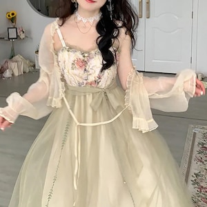 Waldgrünes Slip Kleid,Spitzen Blumenkleid,Französisch Elfen Kleid,Strand Kleid,Prinzessinnen Kleid,Viktorianisches Kleid,Milchmädchen Kleid