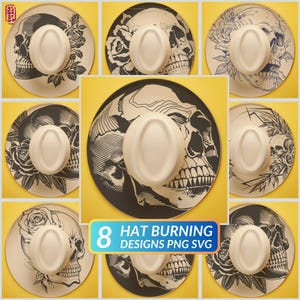 May include: A collection of eight cowboy hats with skull and floral designs. Each hat features a cream-colored crown and a wide brim decorated with black and white illustrations. The hats are arranged on a yellow background, with text that reads "8 HAT BURNING DESIGNS PNG SVG."