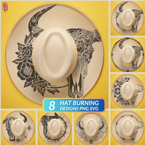 May include: A collection of eight hat burning designs, featuring a cream-colored cowboy hat with intricate black illustrations of bull skulls, flowers, and barbed wire. The designs are presented on a yellow background.