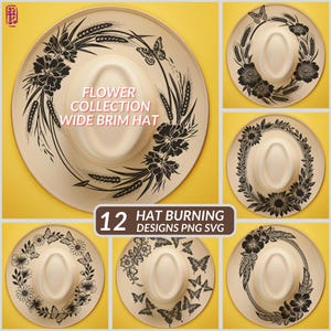 Könnte beinhalten: Eine Sammlung von breitkrempigen Hüten mit Blumen- und Schmetterlingsdesigns. Die Hüte sind beige mit schwarzen Illustrationen. Der Text "FLOWER COLLECTION WIDE BRIM HAT" ist sichtbar. Das Bild enthält auch den Text "12 HAT BURNING DESIGNS PNG SVG".
