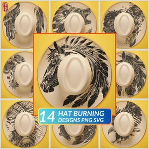 May include: A collection of cream-colored cowboy hats with various black graphic designs, including a horse, eagle, and floral patterns. The image includes the text "14 HAT BURNING DESIGNS PNG SVG".