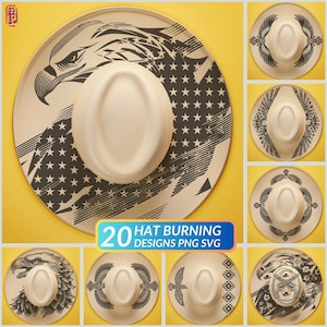 May include: A collection of 20 hat burning designs in PNG and SVG formats, featuring various black graphic illustrations on cream-colored hats. Designs include eagle heads, wings, stars, and crossed pistols, displayed on a bright yellow background.