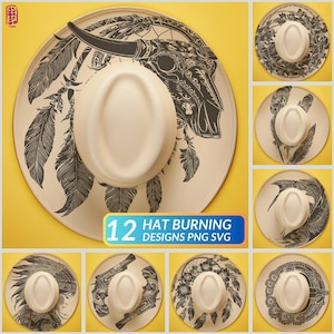 May include: A collection of cream-colored fedora hats with various black graphic designs, including feathers, a bull skull, and floral patterns. The image includes the text "12 HAT BURNING DESIGNS PNG SVG".