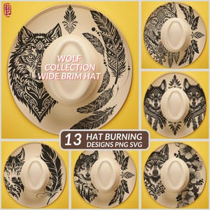 Wolf Hat Templates for Wide Brim Cowboy Hats | Western Hat Burning Design | Laser Engraving PNG SVG Files | 13 Laser Ready Designs
