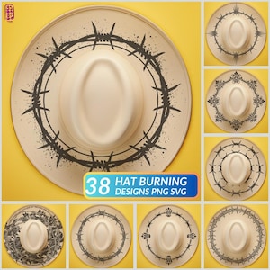 Könnte beinhalten: Eine Sammlung cremefarbener Cowboyhüte mit verschiedenen schwarzen grafischen Designs. Die Designs umfassen Stacheldraht, florale Muster und andere dekorative Elemente. Das Bild enthält auch den Text "38 HAT BURNING DESIGNS PNG SVG".