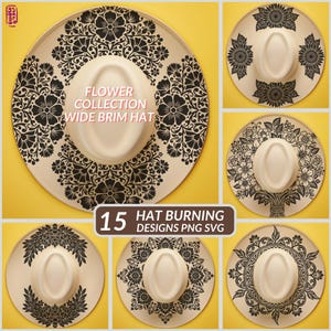 May include: A collection of wide-brimmed hats with floral designs. The hats are cream-colored with black floral patterns on the brim. The text "Flower Collection Wide Brim Hat" is visible. The image also includes the text "15 Hat Burning Designs PNG SVG".