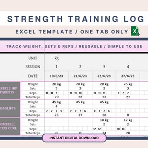 Könnte beinhalten: Eine druckbare Excel-Vorlage für ein Krafttrainingslogbuch mit einem rosa-weißen Farbschema. Die Vorlage enthält Spalten für Datum, Sitzung, Gewicht, Sätze und Wiederholungen. Die Vorlage ist so konzipiert, dass sie den Fortschritt beim Krafttraining im Laufe der Zeit verfolgt.