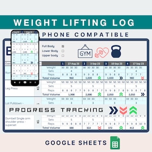 May include: A weightlifting log spreadsheet template with a blue, white, and gray color scheme. The spreadsheet is designed to track weightlifting progress over time. The spreadsheet includes columns for date, exercise, weight, sets, reps, and total volume. The spreadsheet is compatible with Google Sheets and can be used on a phone.