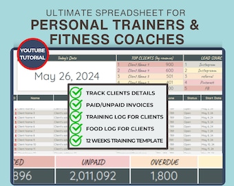 Client Management & Training Program Spreadsheet for Personal Trainers and Online Fitness Coaches, Invoice Tracker GoogleSheets for Business